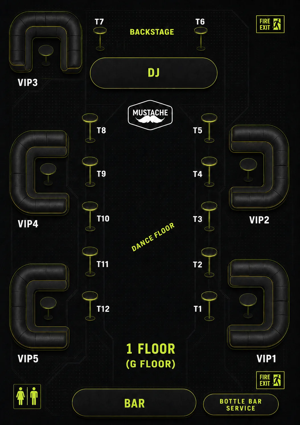 Mustache Bangkok ground floor plan, high tables T1 to T12 and VIP sofas 1 to 5