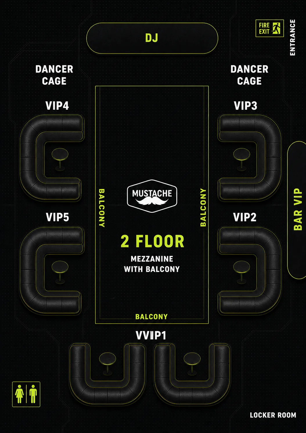 Mustache Bangkok mezzanine floor plan, VVIP1 and VIP sofas
