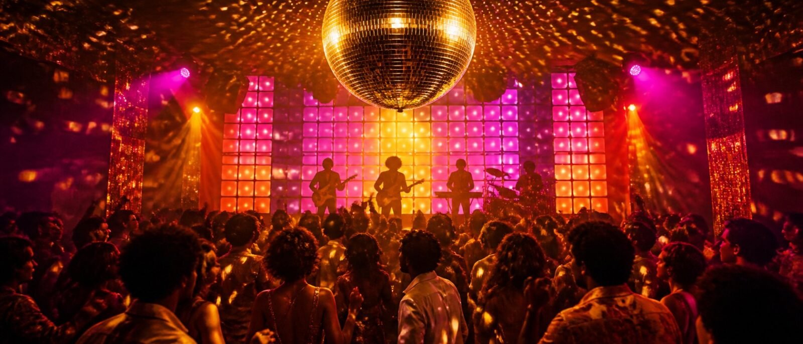 Disco dancefloor with a mirror ball and a live band on stage