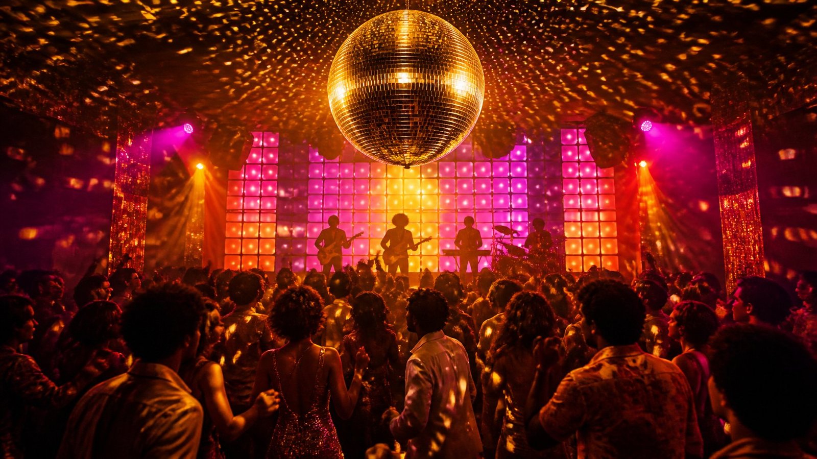 Disco dancefloor with a mirror ball and a live band on stage