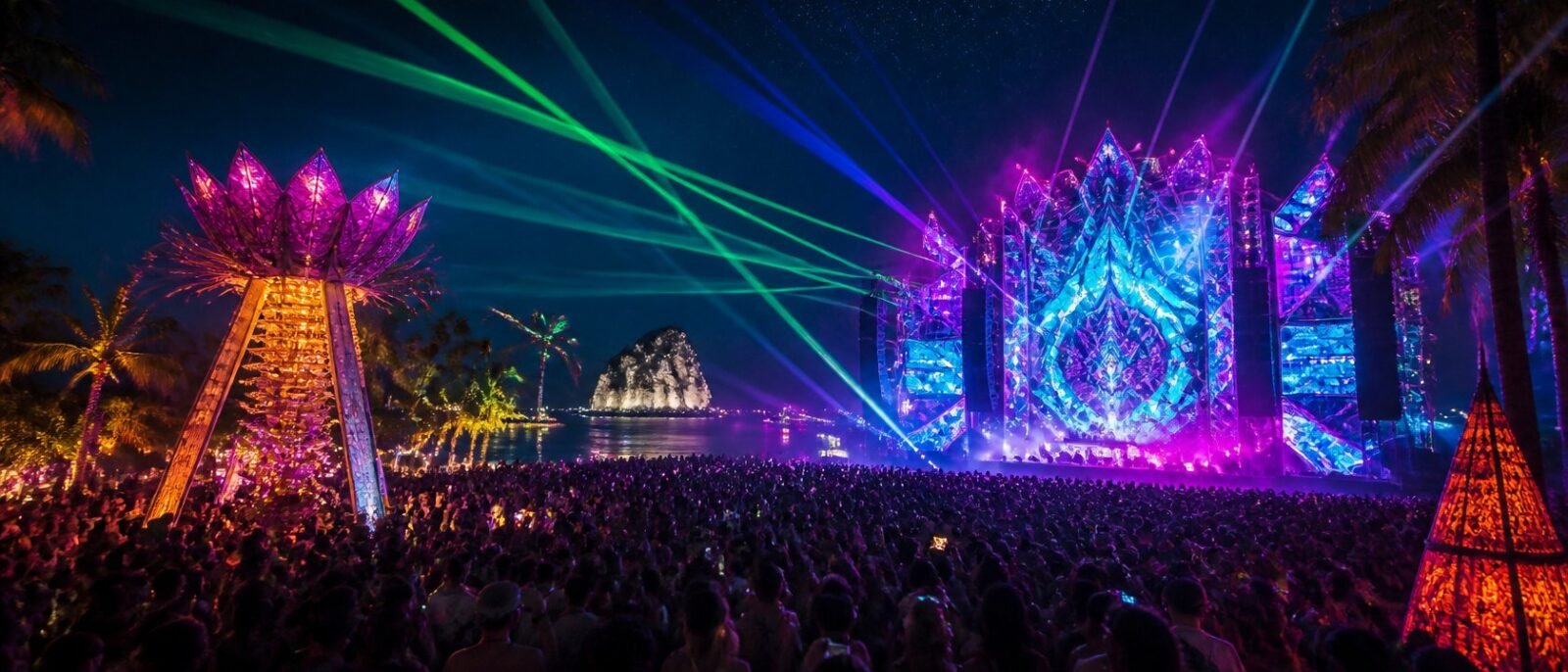 Night festival on a tropical island with neon art and lasers