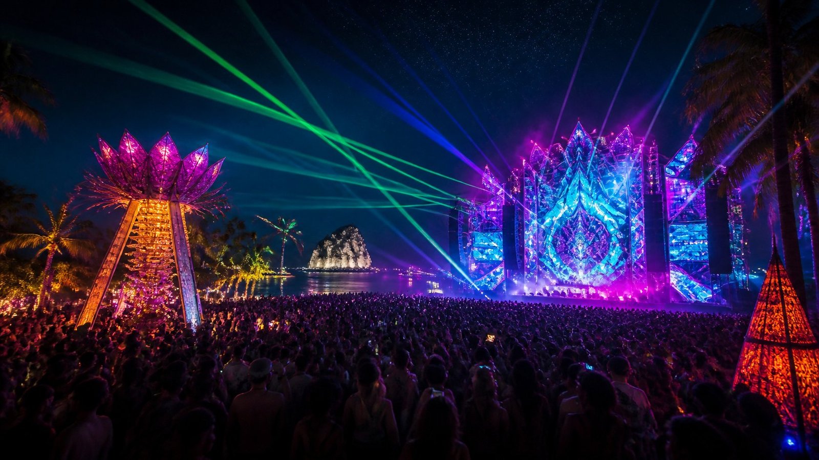 Night festival on a tropical island with neon art and lasers