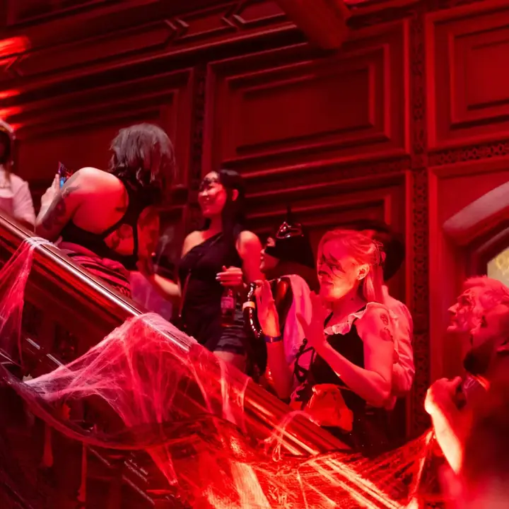 Costumed guests on the mansion staircase