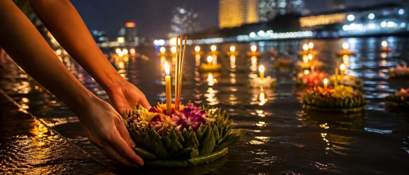 Hands placing a krathong with a candle on the river in Bangkok at night