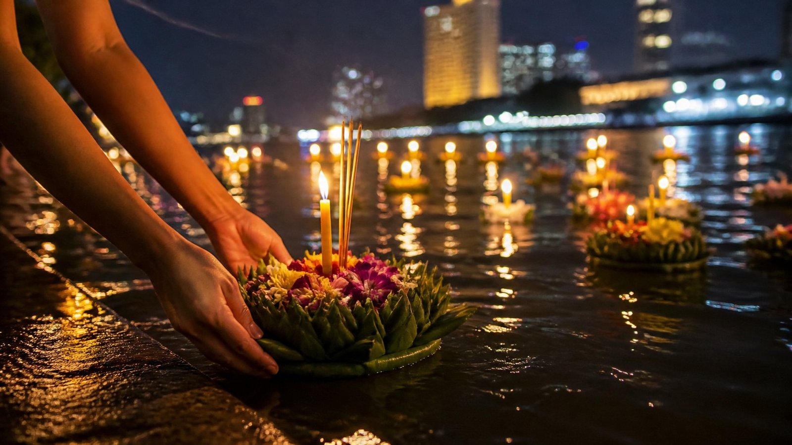 Hands placing a krathong with a candle on the river in Bangkok at night