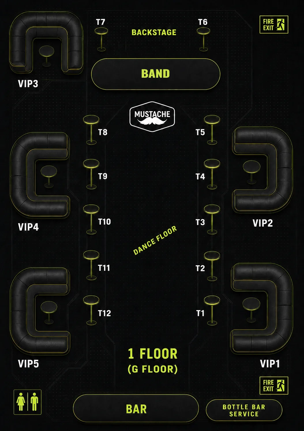 Mustache Bangkok ground floor plan, high tables T1 to T12 and VIP sofas 1 to 5