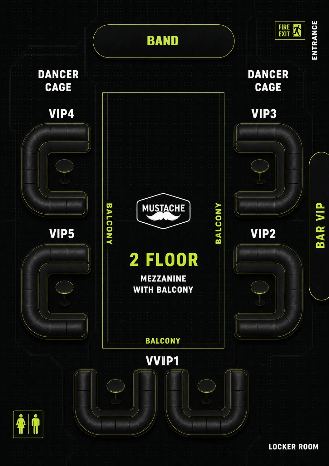 Mustache Bangkok mezzanine floor plan, VVIP1 and VIP sofas