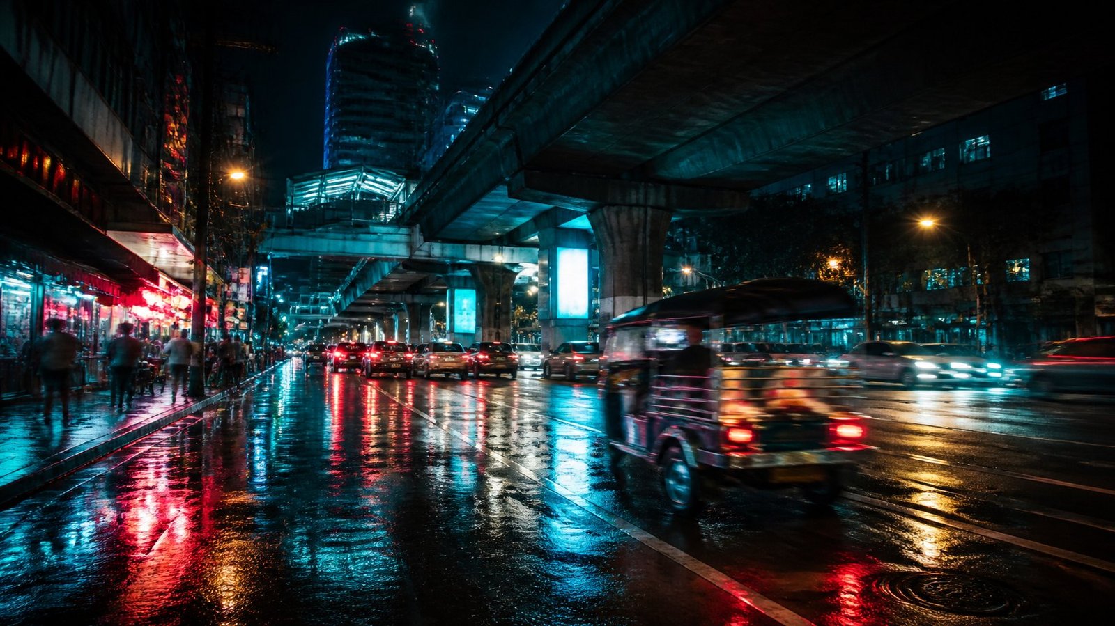 Bangkok street at night with neon reflections and a tuk-tuk