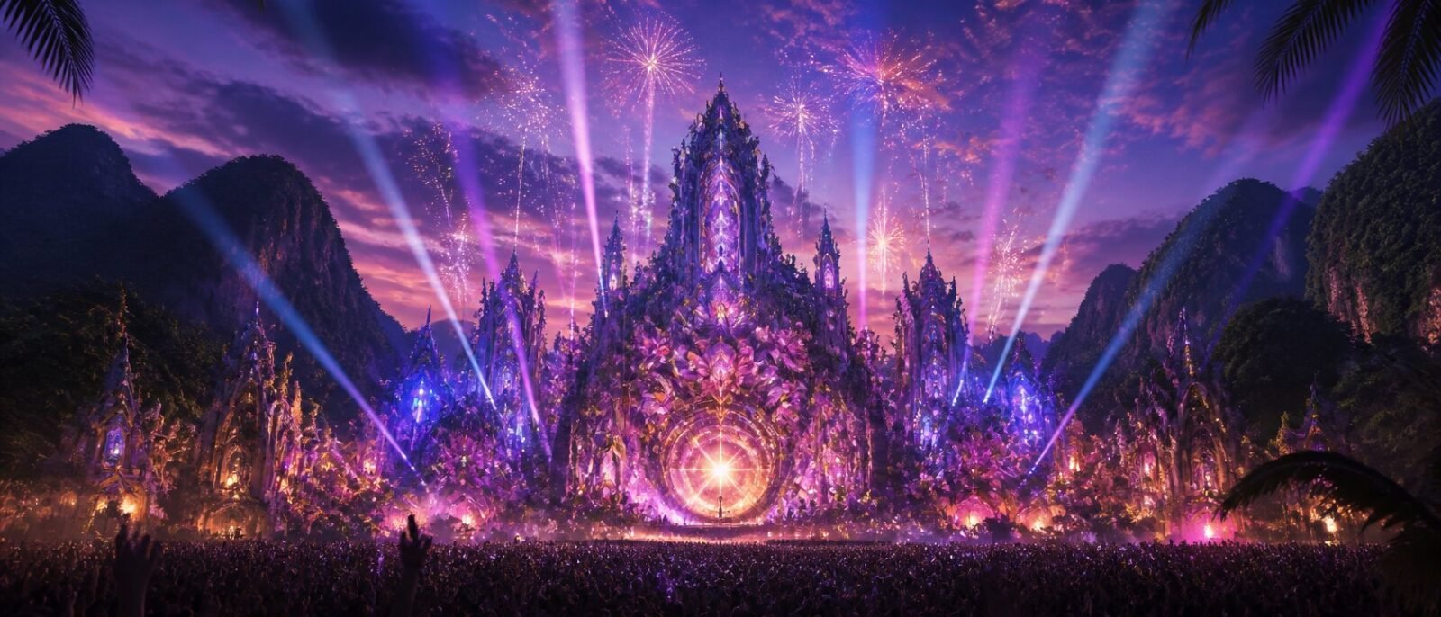 Big outdoor festival main stage at dusk in a green valley