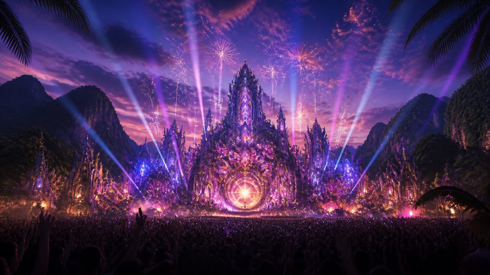 Big outdoor festival main stage at dusk in a green valley