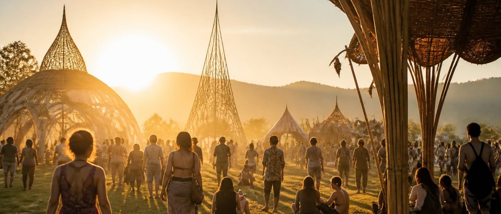 Bamboo art pavilions in open fields at golden hour