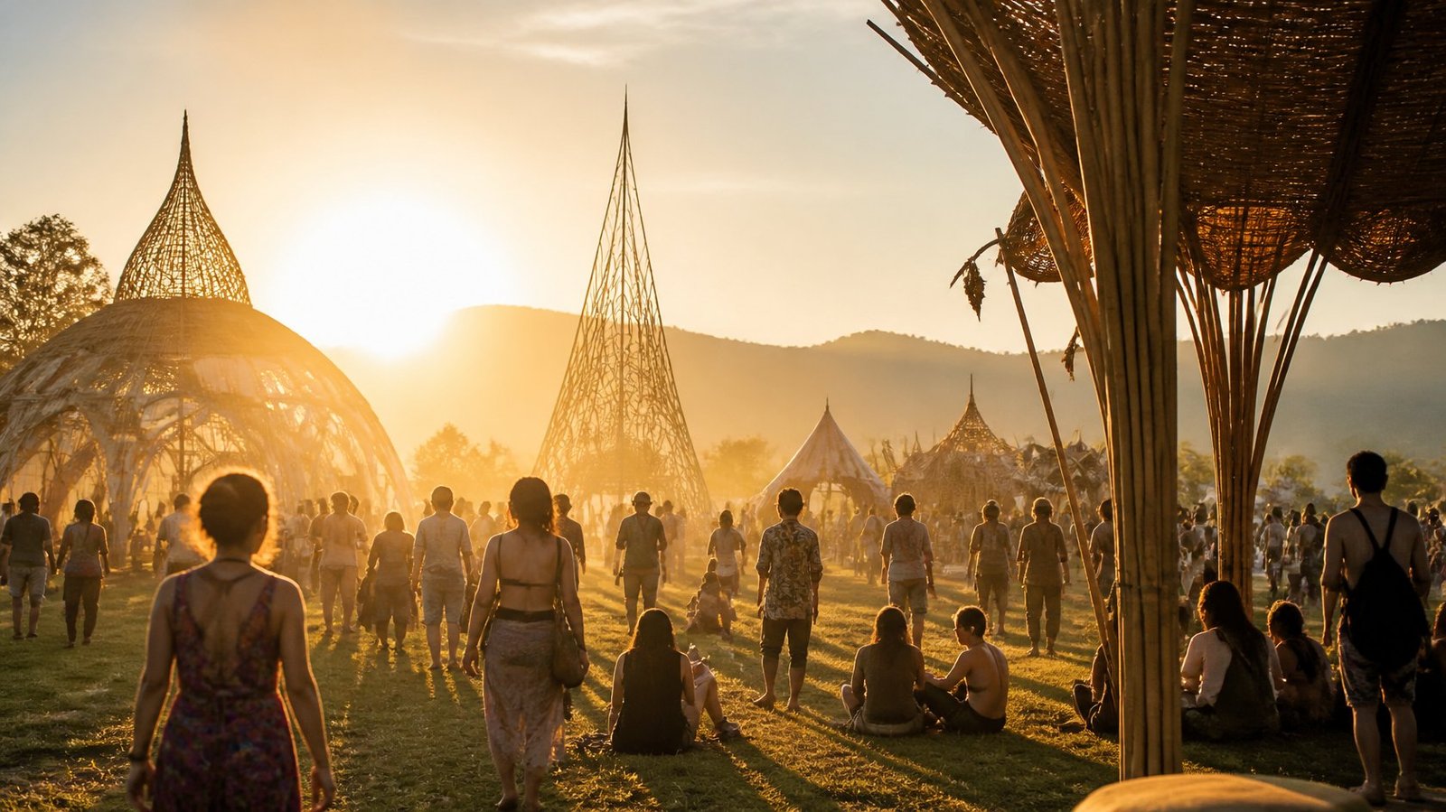 Bamboo art pavilions in open fields at golden hour